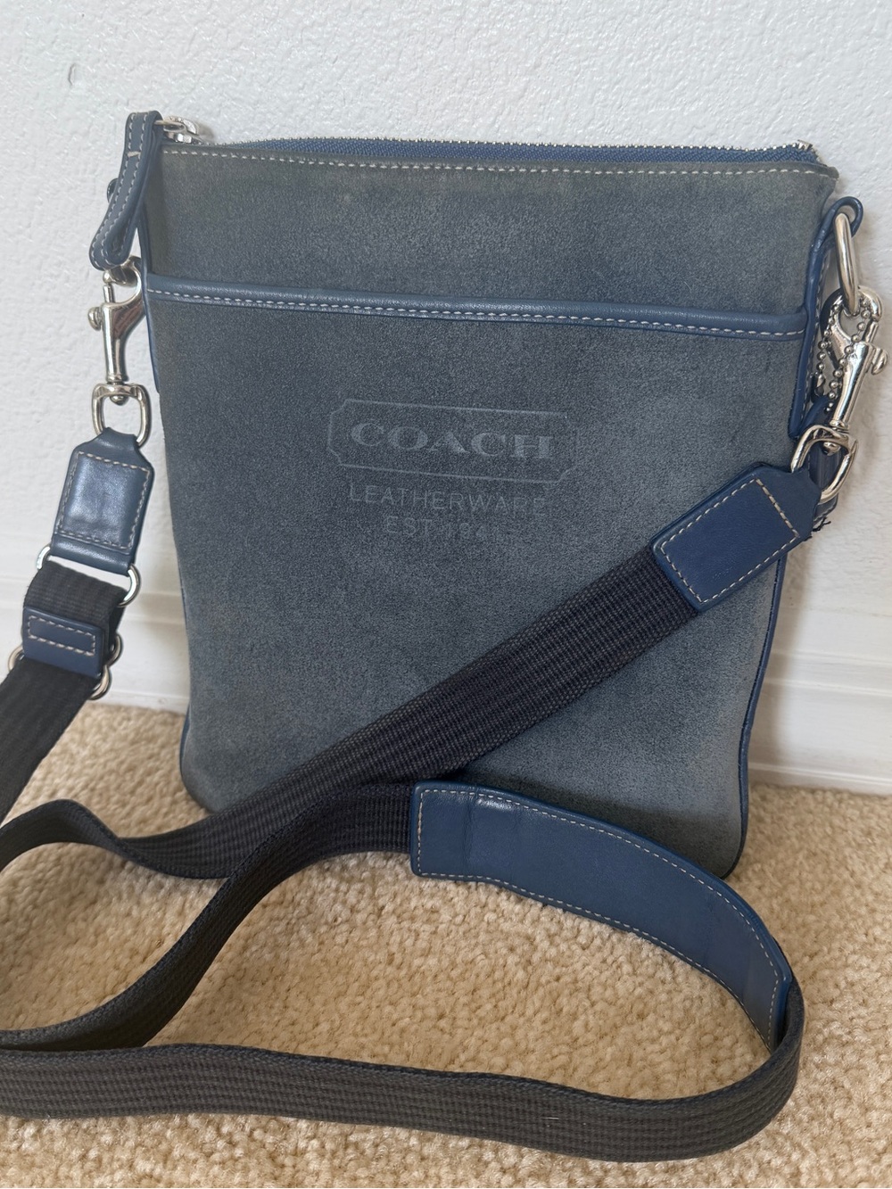 COACH Vintage Y2K Blue Suede Crossbody Bag Slim Swingpack Messenger Pack Unisex